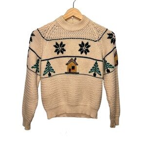 Vintage Handknit Winter Wool Sweater Cabin Christmas Holiday Snowflake